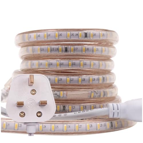 Image of GQL 5m LED Strip AC 220V 240V IP65 Waterproof 3014 SMD 120LEDs/m Commercial Rope Light, Warm White Ribbon for Home Kitchen Cabinets Ceiling Garden Decoration UK Plug