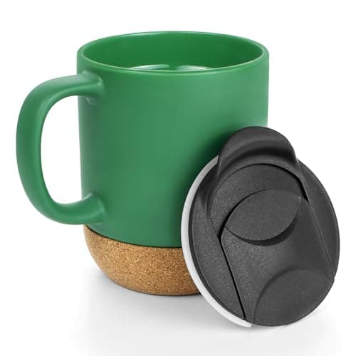 Image of Hioph Ceramic Coffee Mug with Handle and Removable Lockable Lid with Sliding Sip Hole 400ML, Heatproof Cork Base Design. (Green) (Cyan)