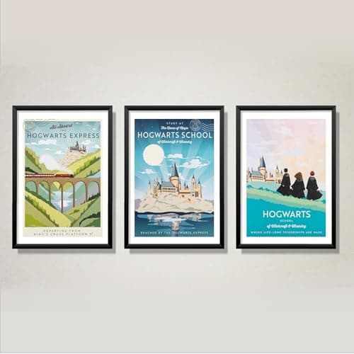 Image of Set of 3 Harry Potter Themed Wall Art Prints | Vintage Railway Collection, UNFRAMED, A4 Size, 300gsm cardstock and embossed finish, Wall Print for Home Decor | Officially Licensed