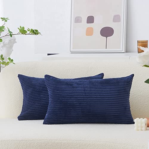Image of Home Brilliant Navy Blue Striped Velvet Cushion Covers, Pack of 2, 30cm x 50cm, Living Room, Bedroom, Sofa, Chair