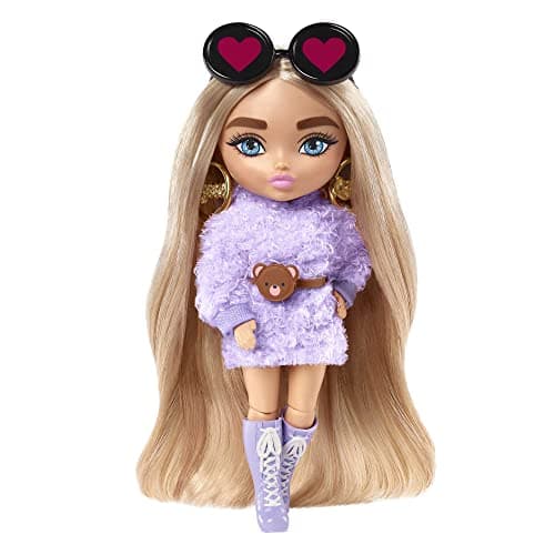 Image of Barbie Extra Minis Doll #4 (5.5 in) Wearing Fluffy Purple Fashion, with Doll Stand & Accessories Including Teddy Ears and Sunglasses, Gift for Kids 3 Years Old & Up