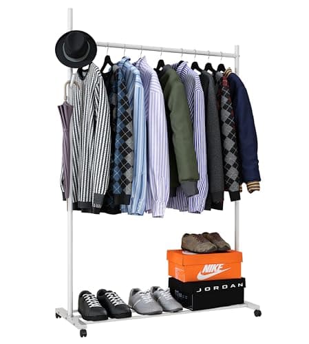 Image of Klass Home Collection Portable Heavy Duty Clothes Rail For Bedroom, Home & Shops, 50KG Load Clothes Rack With Storage Shelf, Metal Clothing Rail For Hanging Garments, Coats (White With Wheels)