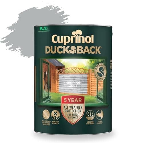 Image of AOC24 5L Ducksback Paint - Garden Wood Treatment for Sheds, Fences & Furniture - Quick Dry Exterior Paint - Weatherproof Protection - Non-Drip, Low VOC - 10m²/L Coverage (Herring Grey, 5L)