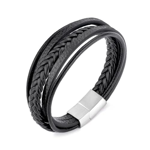 Image of Philip Jones Men's Genuine Black Leather Bracelet with Stainless Steel Clasp