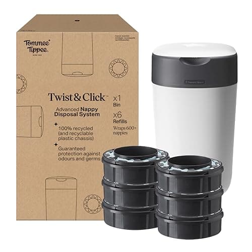 Image of Tommee Tippee Twist and Click Nappy Bin Starter Set, 6x Refill Cassettes with Multilayer, Antibacterial Film, 100% Recycled Chassis, White