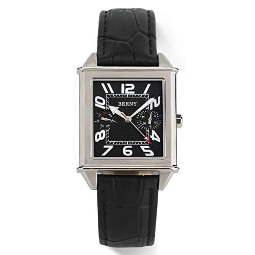 Image of BERNY Square Watches for Men Swiss Movement Quartz Watch Rectangular Calendar Leather Strap Watch
