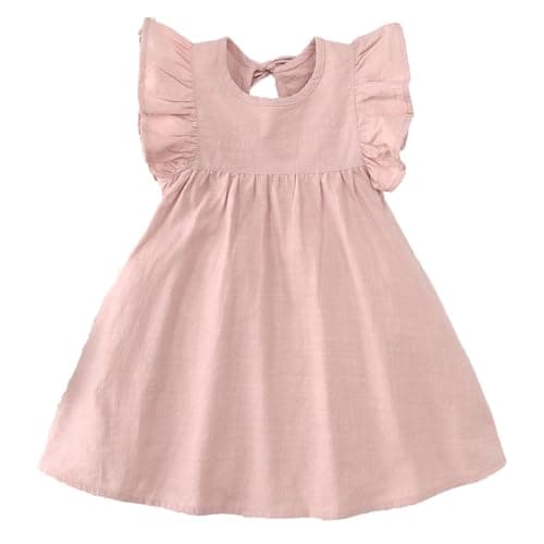 Image of Eqenkely Toddler Baby Girls Dress Cotton Linen Ruffle Sleeveless Casual Summer Party Dresses Sundress Pink 3-4 Years