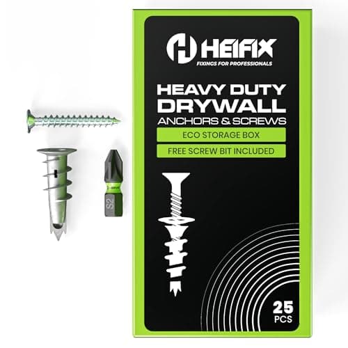 Image of Heifix 25pcs Plasterboard Fixings In Eco Storage Box - Free Screw Bit Included - Heavy Duty Drywall Anchors and Screws, Metal Self Drilling Wall Plugs
