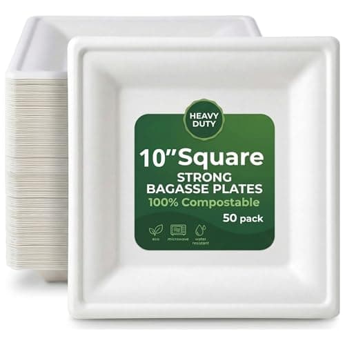 Image of Ask Packaging Strong Paper Plates (10 Inch - 50 Pack) Compostable Disposable Square Bagasse Plates - Heavy Duty Eco-Friendly Biodegradable Sugarcane Plate for Parties – Microwave & Freezer Safe