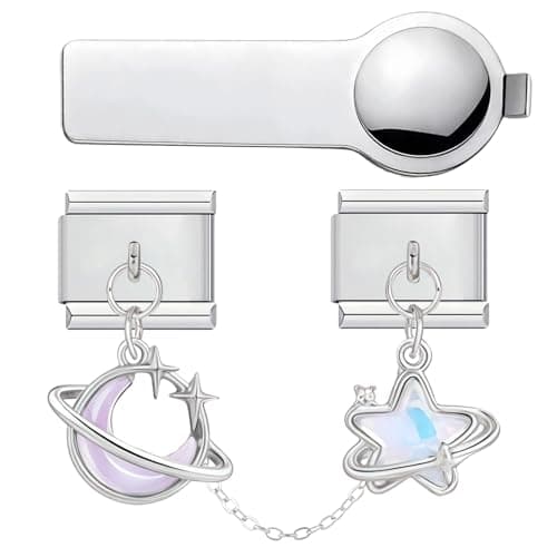 Image of VLYX Personalized Double Pendant Style Charm – 9mm Stainless Steel Italian Link Bracelet Accessory with Installation Tool (Purple Moon & Blue Five-Pointed Star)