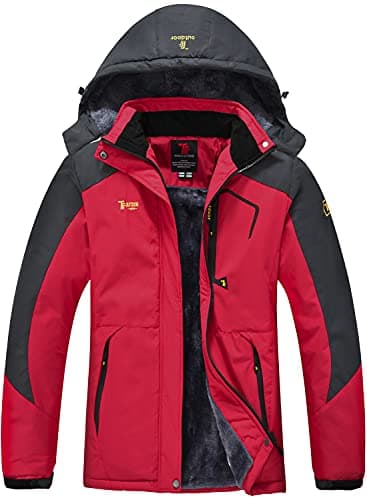 Image of donhobo Womens Waterproof Jacket Winter Warm Fleece with Hood Windproof Camping Hiking Coat(Red,XL)