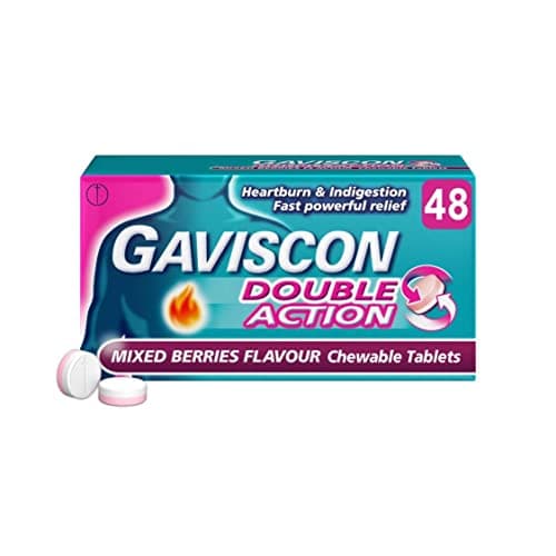 Image of Gaviscon Double Action, Chewable tablets, Mixed Berries, 48 tablets - Heartburn & Indigestion, Fast powerful relief, Convenient on the go tablets, Antacids for Effective Digestion, Acid Reflux Relief