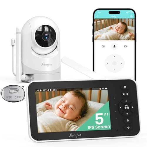 Image of Simyke Video Baby Monitor with Camera and Audio,5'' Screen,720P,No Wifi or Free App Mode,Pan-Tilt-Zoom,Lullabies,Feeding Remind,Night Vision,VOX/ECO,2-Way Talk,1500ft Long Range,Easy Setup,30H Battery