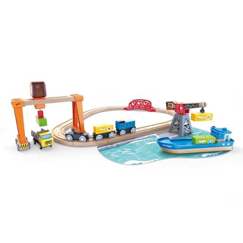 Image of Hape Lift & Load Harbor Set | Toy Train and Boat Set with Cranes, for Children Ages 3Y+