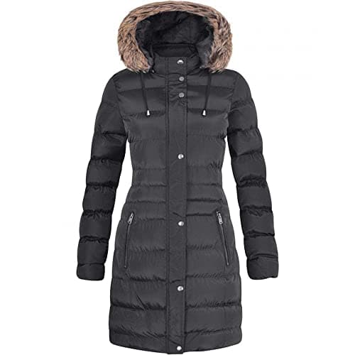 Image of Spindle Womens Long Fur Trimmed Hooded Padded Puffer Parka Ladies Winter Jacket Coat Black 14