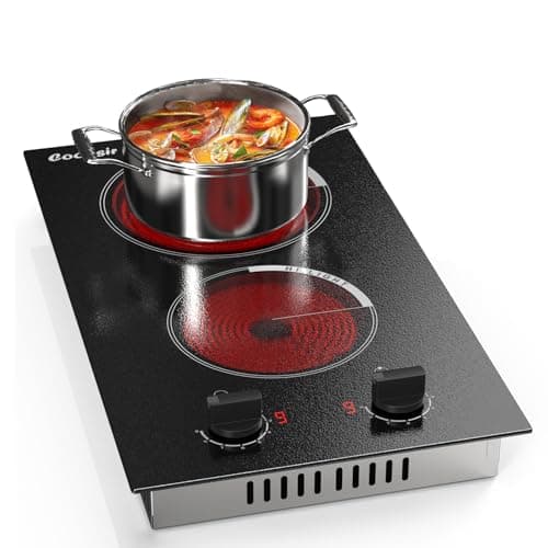 Image of Cooksir Ceramic Hob with Plug, Electric Ceramic Hob 2 Zone with Knob, Ceramic Cooktop, 29CM, 2800W, 9 Power Levels, Black Glass