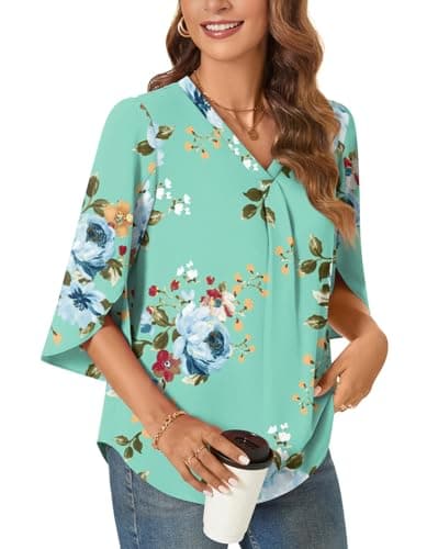 Image of Aodemo Women's Summer Plus Size Dressy Chiffon Blouse 3/4 Sleeve V Neck Tunic Casual Shirt Office Work Tops L, Mint Green