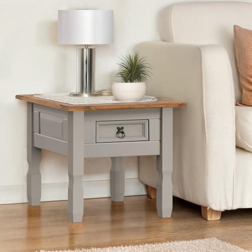 Image of Corona Grey Wax 1 Drawer Lamp Table Side End Night Stand Solid Wood Pine Wooden Painted Living Room 53cm High 58cm Wide 58cm Deep