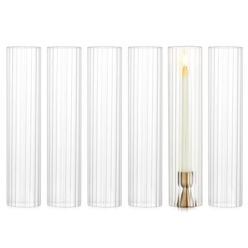 Image of NUPTIO Hurricane Candle Holder for Wedding: 12''/30cm x 2.5''/6.5cm Ribbed Glass Shade for Candlestick - 6 Bulk Decorative Bottomless Cylinder Taper Candle Cover for Outdoor Table Centerpiece