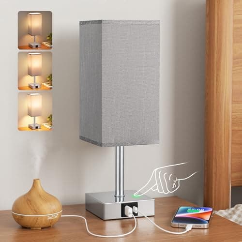 Image of Aooshine Grey Bedside Lamp, Small Lamps with Square Fabric Shade,Silver Base(Bulb Included)