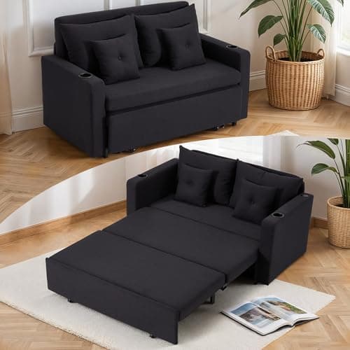 Image of MELLCOM Two Seater Sofa Bed,Pull Out Sleeper Sofas,3 in 1 Couch with Cup Holders,USB,Magazine Bag,Lounge Chair for Living Room,Bedroom,Apartment,Black