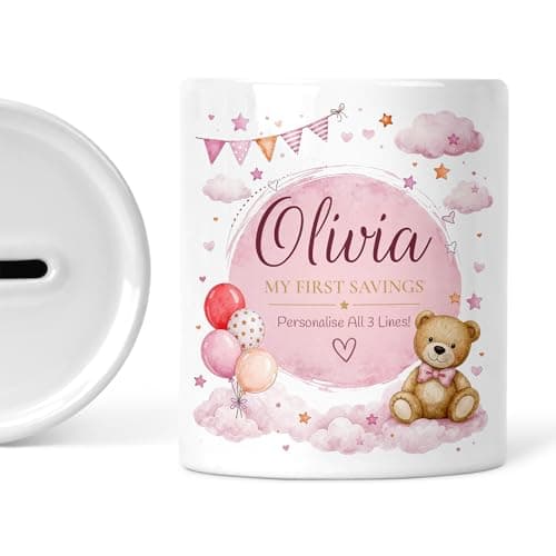Image of Personalised Money Box for Baby Girl - Pink Teddy Bear Ceramic Piggy Bank - New Baby Christening Gift