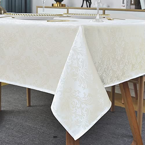 Image of SASTYBALE Rectangle Tablecloth - 60 x 102 Inch Beige Cream Damask Table Cloth Jacquard Design Spill Proof Wrinkle Resistant Waterproof Soft Polyester Oblong Table Cover for Kitchen Parties(Ivory)