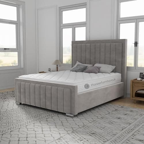 Image of PioneerfurnitureUK Grey Velvet Ottoman Storage Bed (Gas Lift),Plush Velvet Bed 4ft6 Double bed Frame – High head-board 45inch
