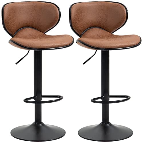 Image of HOMCOM Bar Stool Set of 2 Microfiber Cloth Adjustable Height Armless Chairs with Swivel Seat, Brown