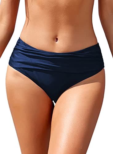 Image of SHEKINI Womens Ruched Bikini Bottom Solid Medium Waisted Tummy Control Swim Bottoms Blue
