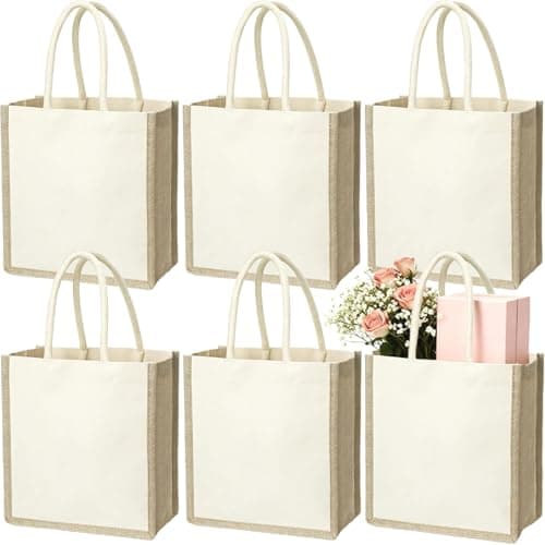 Image of SOUJOY 6 Pack Burlap Tote Bags, 23×25cm Reusable Jute Gift Tote with Handles, Small Beach Bags, Canvas Grocery Shopping Tote for Thanksgiving, Christmas, Bridesmaid, DIY, Shopping, Pool, Wedding Bag