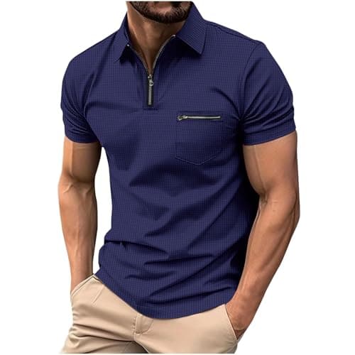 Image of Mens Polos Shirts Short Sleeve UK, Quarter Zip Golf Polos Shirts Slim Fit Solid Color Tennis T-Shirt Breathable Summer Casual Waffle Tee Tops Turn-Down Collar Pullover with Zipper Pocket Navy