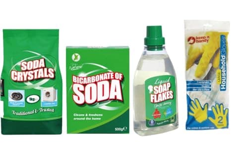 Image of Home Cleaning Bundle - Soda Crystals 1kg, Bicarbonate of Soda 500g, Liquid Soap Flake 750ml, 2 Pairs of Household Gloves | Eco-Friendly Multi-Purpose Cleaning Essentials