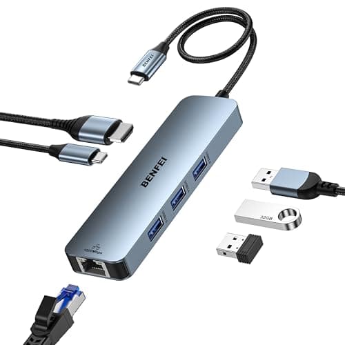 Image of BENFEI USB C HUB 6-in-1 with HDMI(4K@60Hz), Gigabit Ethernet, 100W Power Delivery, 3*USB 3.0, Silicone Cable, Aluminum Case Compatible with iPhone 15 Pro/Max, MacBook, iPad Pro, iMac, S23, XPS17
