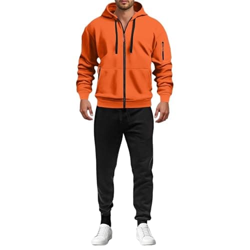 Image of Men's Tracksuits Full Zip Hooded Jacket Sweatsuits Work Hoodie Pullover Sweatshirt Tops and Jogging Bottoms Set Long Sleeve Zipped Track Top Joggers Suit with Pockets Casual Sports 2 Piece Set Orange