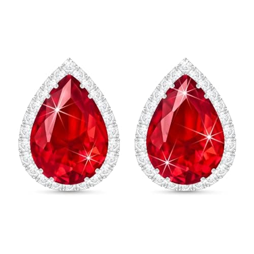 Image of Linawe Silver Red Imitation Diamond Stud Earrings for Women, Ruby Cubic Zirconia Teardrop Rhinestone Crystal Earrings Studs, Wedding Earrings Bridal Bridesmaid, Ear Piercing Jewellery