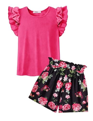 Image of Arshiner Girls T-Shirt with Shorts Outfit Rose Pink Children Sleeveless Summer Clothing Sets Cotton Clothing Set Casual Fashion Set Girls' Clothing 6-7 Years
