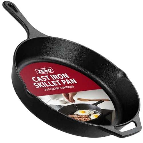 Image of ZENO Cast Iron Skillet Pan 30.5CM | Pre-Seasoned Cast Iron Pan | Heavy Duty Cast Iron Frying Pan with Dual Handles | Oven Safe Skillet Pan for Hob, Grill, Oven and Camping | Cast Iron Skillet