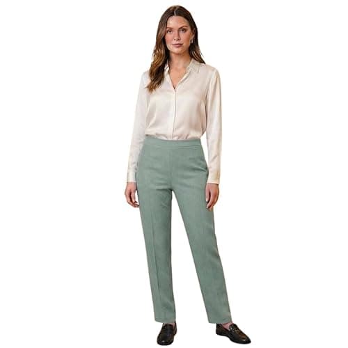 Image of Ladies Trousers Half Elasticated Waist Women Straight Leg Pants Pull On Stretch Work Office Formal Casual Bottom with Pockets Lightweight Smart Trouser Green 14/25