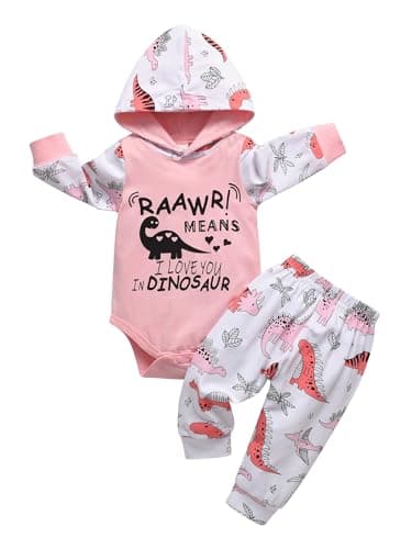 Image of Tearfuty Baby Girls Clothes Set Toddler Dinosaur Print Hoodie Outfits Infant Girls Tracksuit Clothing 0-3M