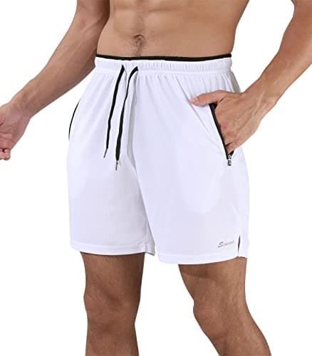 Image of Suwangi Men's Running Shorts Gym Workout Outdoor Training Breathable Lightweight Shorts with Zip Pockets White