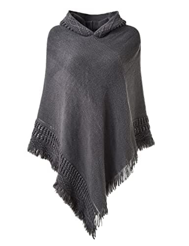 Image of Ferand Ladies Hooded Poncho with Fringed Hem Crochet Cape for Autumn Winter 2023, One Size, Grey