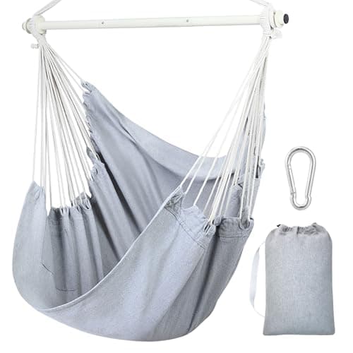 Image of Hanging Chair Cotton Hammock Chair, Ohuhu XL Portable Swing Chair Support Bar Side Pocket for Indoor Outdoor Patio, Max Weight 150kg, Light Grey,No pillows and accessories