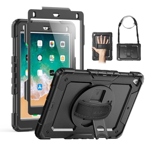 Image of SEYMAC Case for iPad Air 2, iPad 5th/6th Generation, iPad Pro 9.7, Shockproof Protective Case with 360° Degree Stand [Hand & Shoulder Strap] Screen Protector for iPad 9.7 Inch, Black
