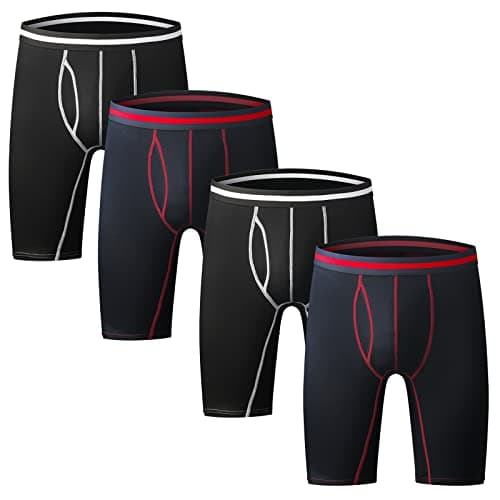 Image of Nuofengkudu Mens Long Leg Boxers Shorts Anti Chafing Stretch Cotton Underpants Longer Legged Trunks Briefs with Fly Pouch Waistband Breathable Soft Sports Underwear 4 Pack 2 Black 2 Blue XL