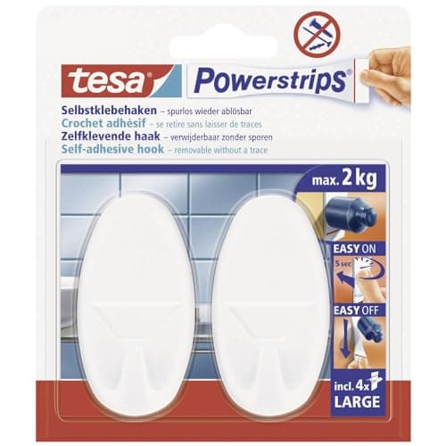 Image of tesa Powerstrips Hooks Large OVAL - Removable Self-Adhesive Wall Hook for Glass, Tiles, Wood, Plastic and Other Surfaces - White - Holds Up to 2 kg