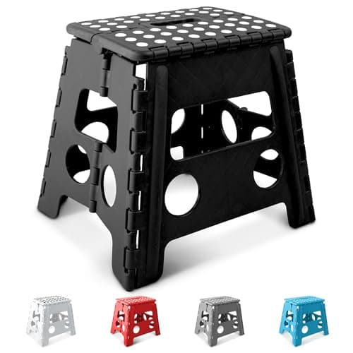 Image of KEPLIN 13 Inch Heavy Duty Folding Step Stool | Non-Slip Foldable Footstool for Toddlers, Children & Adults | Portable, Lightweight Plastic Footstep w/Carrying Handle for Indoor or Outdoor (Black)