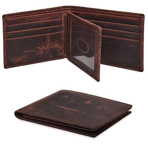 Image of Real Leather Bifold Wallet for Men - Wallets with 9 Credit Cards 1 ID Window Slim Minimalist Front Pocket Billfold (Brown)