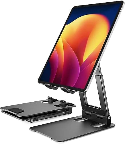 Image of Portable Tablet Stand-Klearlook Adjustable Height/Angle Foldable iPad Stand up to 12.9",Aluminum Phone Tablet Holder Compatible iPad Pro/Mini/Air,iPhone 15 Pro Max,Galaxy Tab,Switch, 4-13"Device-Black