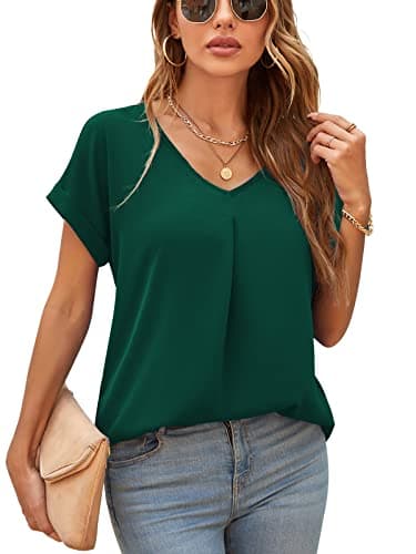 Image of Yommay Blouses for Womens V Neck Ladies Tops Summer Chiffon Blouses Tops Short Sleeve Casual T Shirts(Dark Green,Medium)